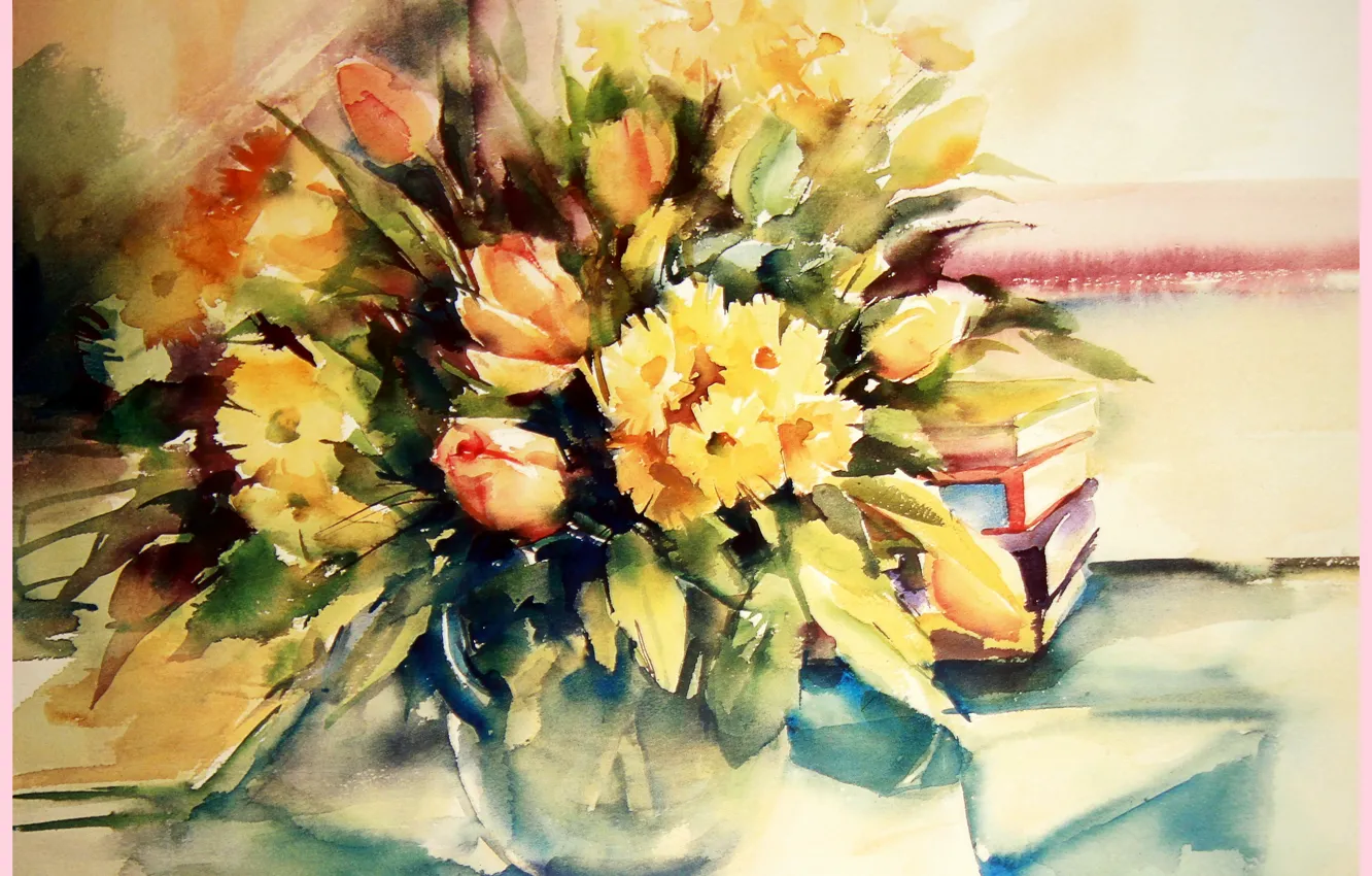 Photo wallpaper flowers, paint, figure, watercolor, book, still life, painting