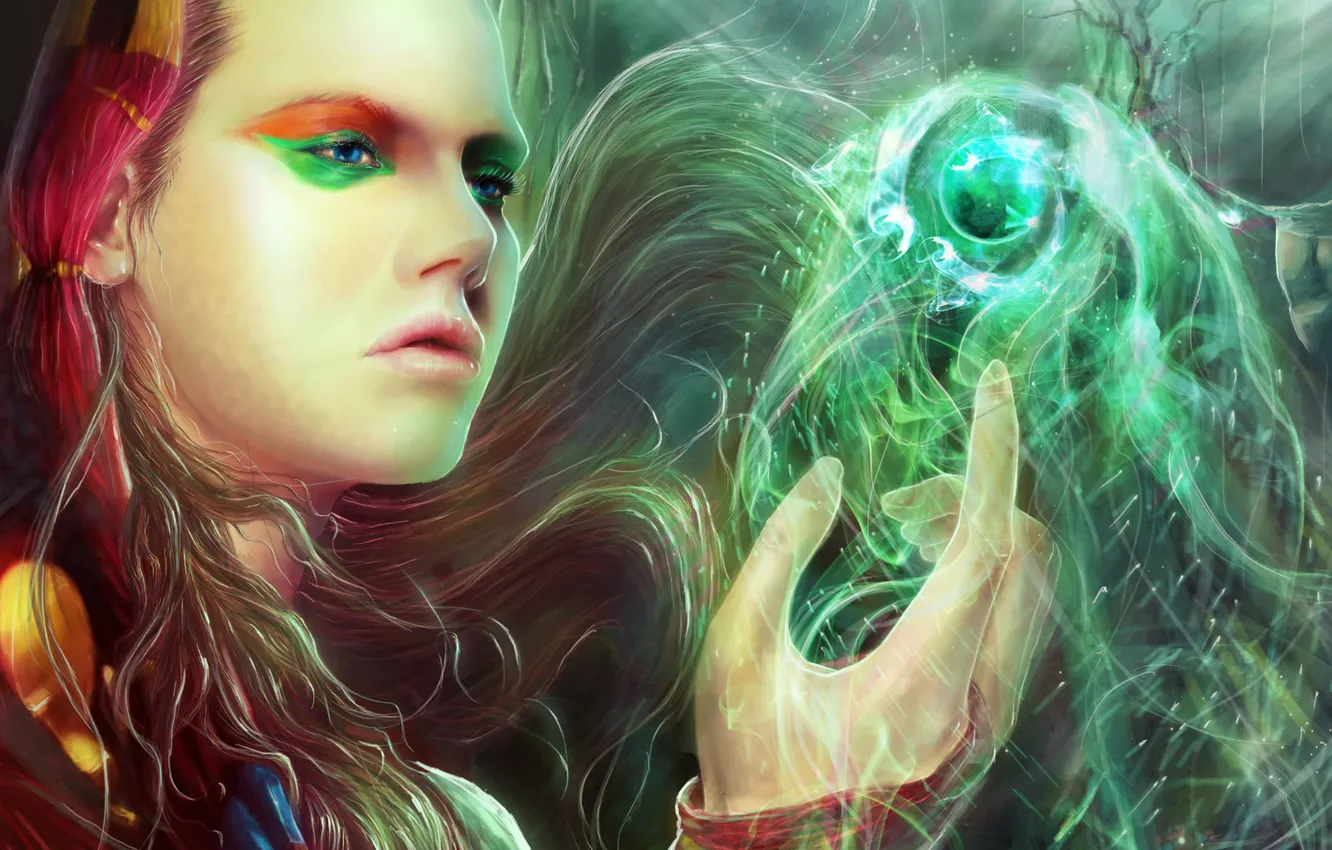 Photo wallpaper girl, balls, magic, makeup, art, hood, sphere, FX_visual