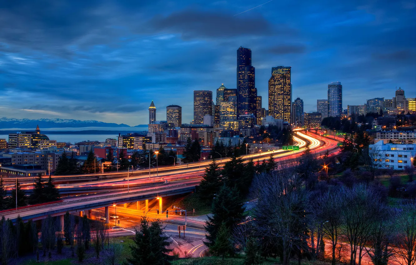 Photo wallpaper winter, light, the city, the evening, excerpt, Seattle, USA