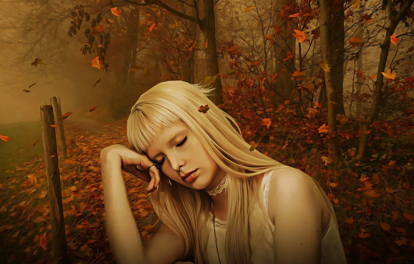 Photo wallpaper autumn, forest, leaves, girl, mood, portrait, treatment, art