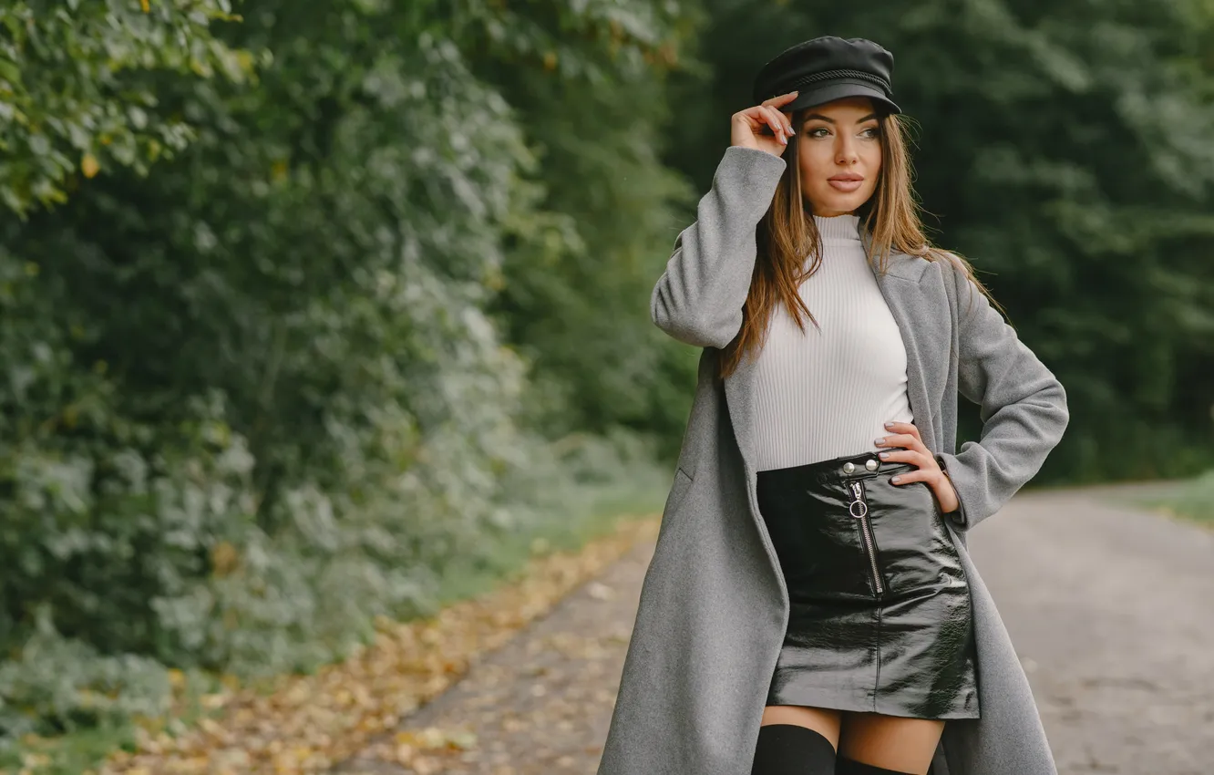 Photo wallpaper girl, legs, stockings, beautiful, model, coat, cute, miniskirt