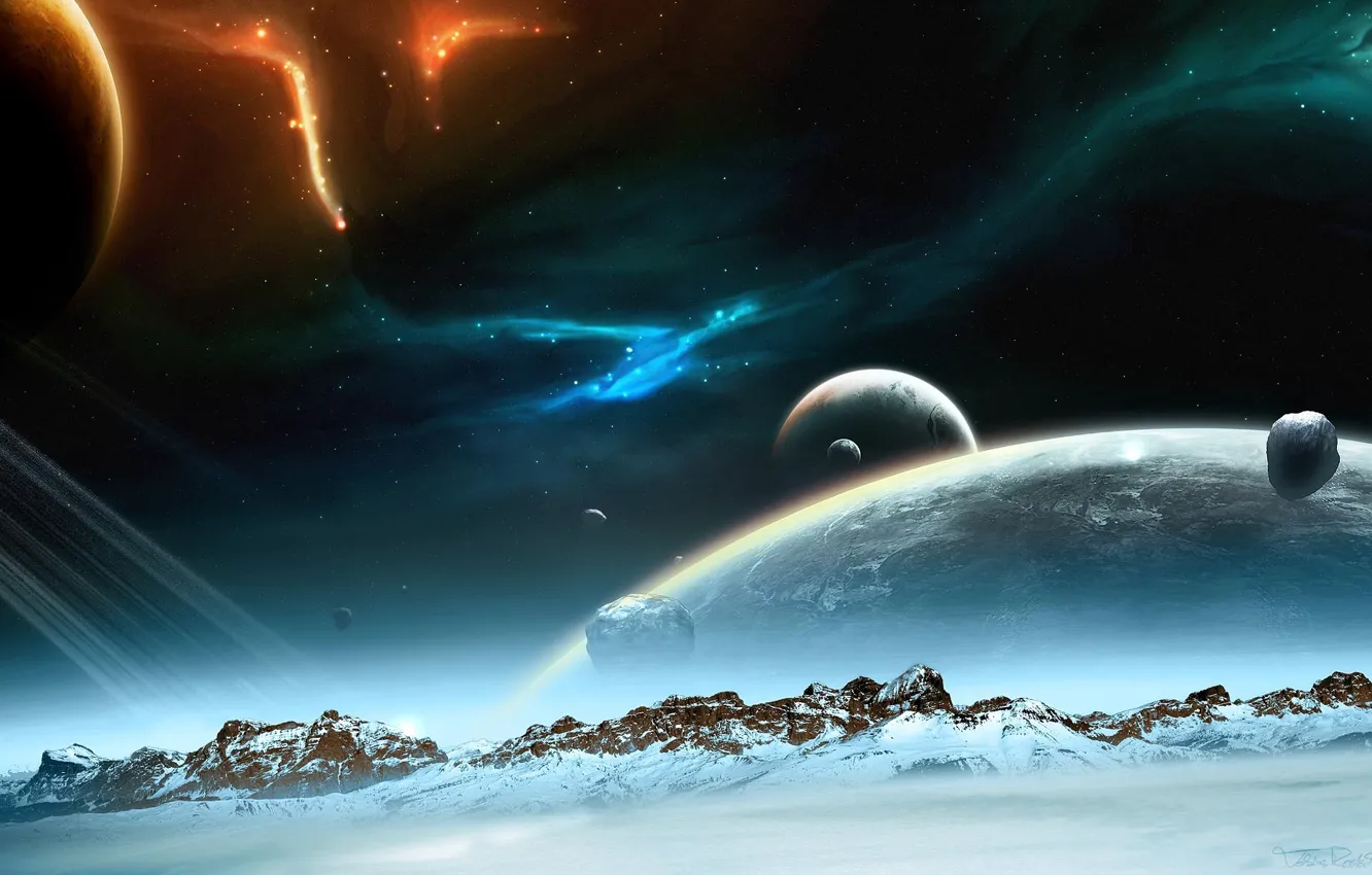 Photo wallpaper space, stars, snow, mountains, planet, lights