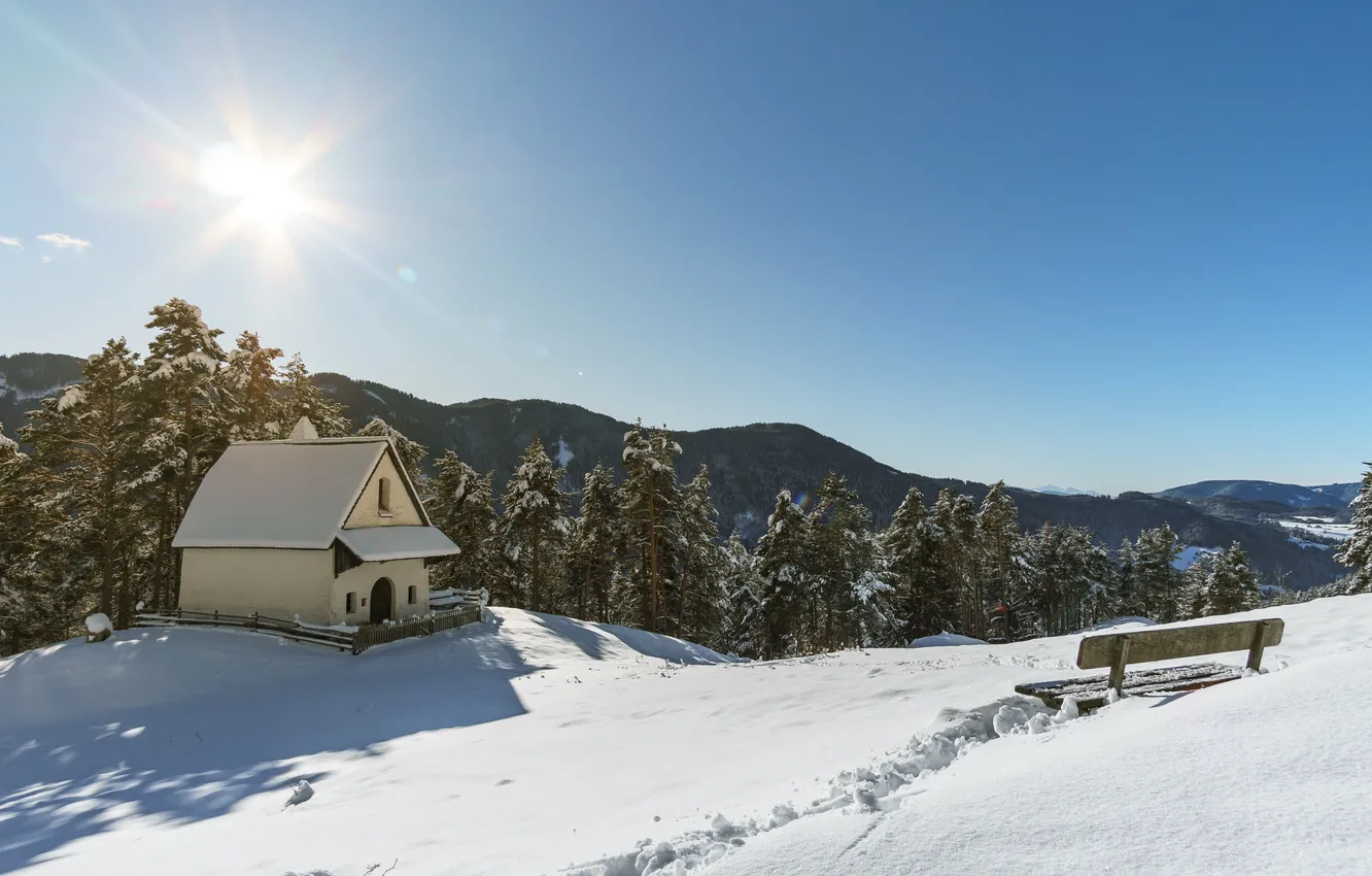 Photo wallpaper the sun, snow, mountains, bench, house