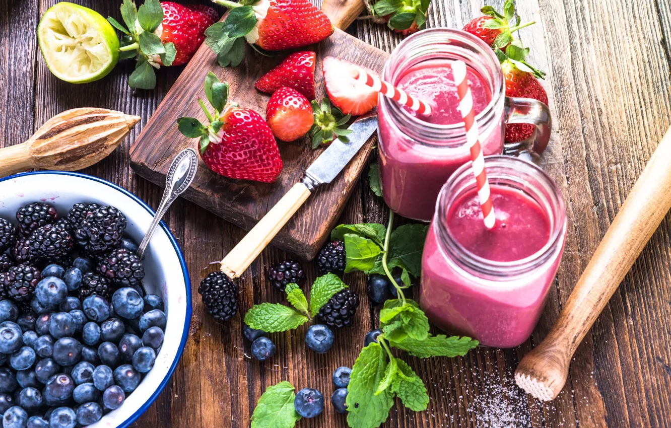Photo wallpaper berries, strawberry, drink, mint, BlackBerry, tube, blueberries, smoothies
