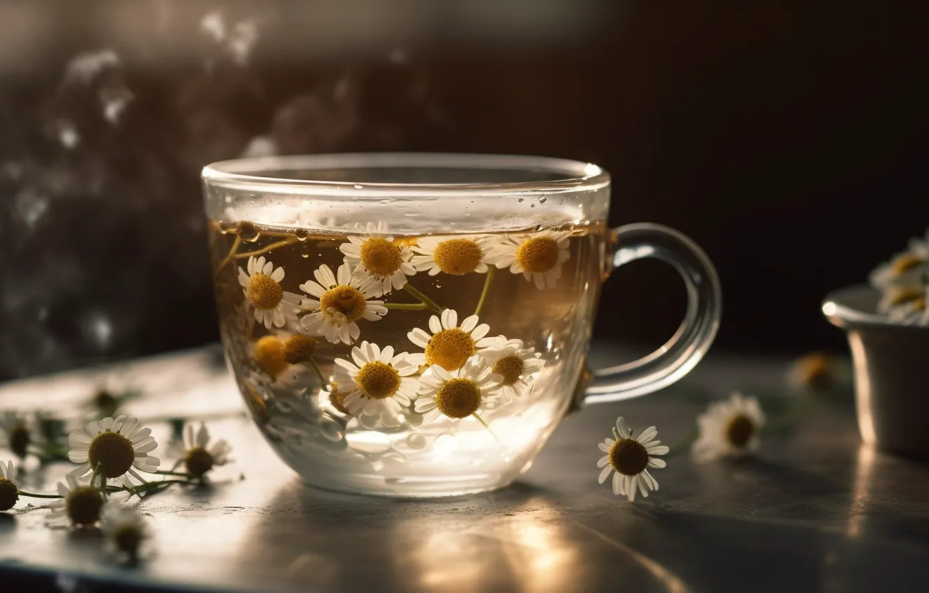 Photo wallpaper glass, light, flowers, table, tea, chamomile, Cup, drink