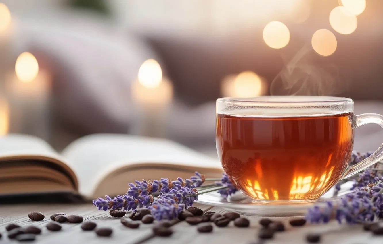 Photo wallpaper glass, light, flowers, table, tea, coffee, candles, Cup