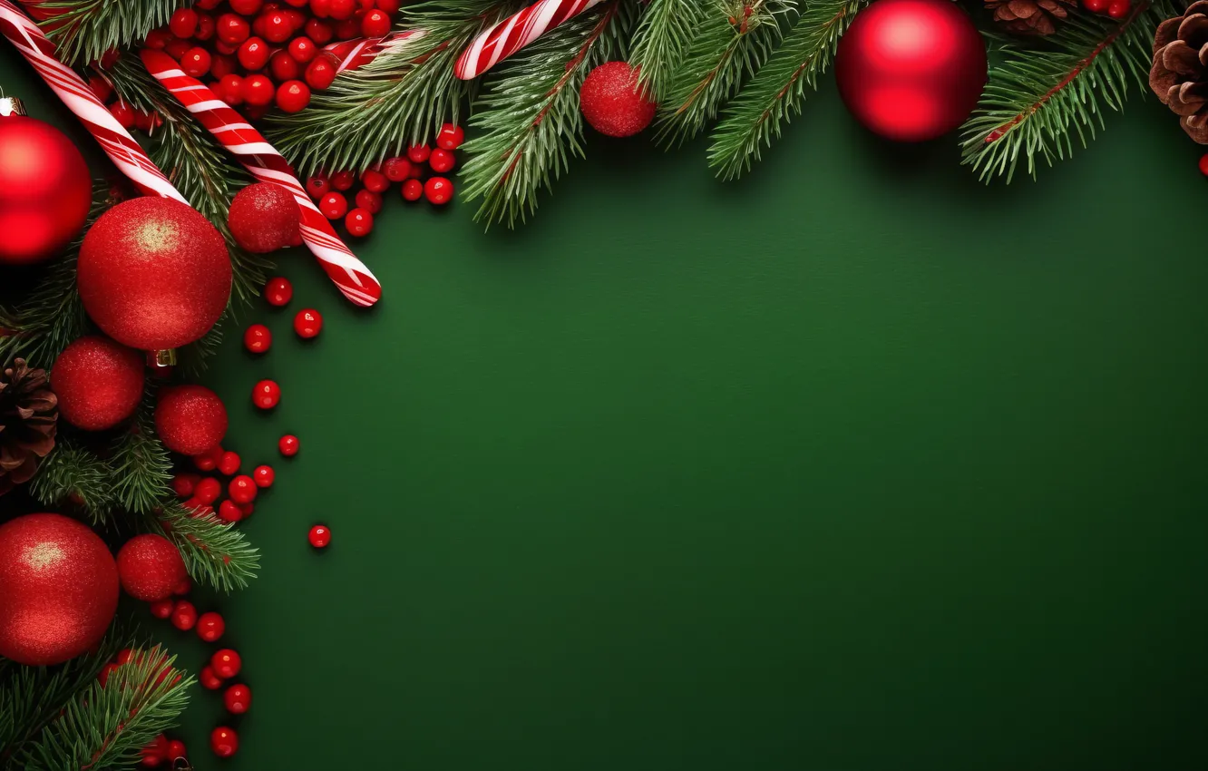 Photo wallpaper balls, branches, red, new year, Christmas, needles, bumps, green background
