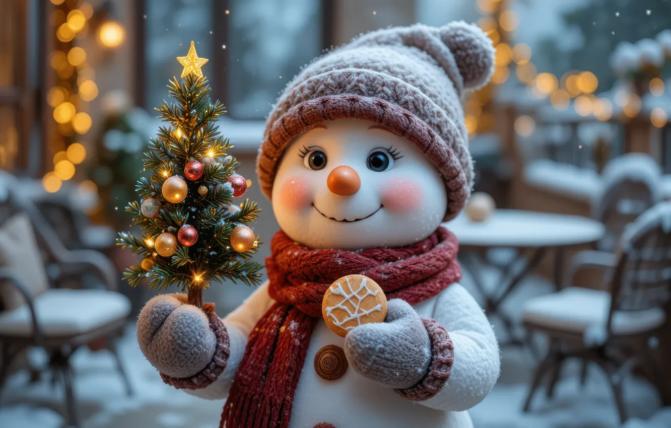 Photo wallpaper winter, snow, lights, new year, cookies, Christmas, snowman, herringbone
