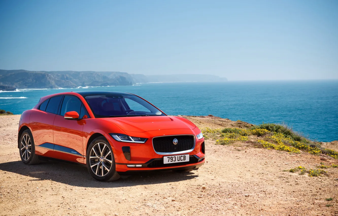 Photo wallpaper machine, red, coast, Jaguar, Jaguar I-Pace EV400 AWD HSE First Edition 2018