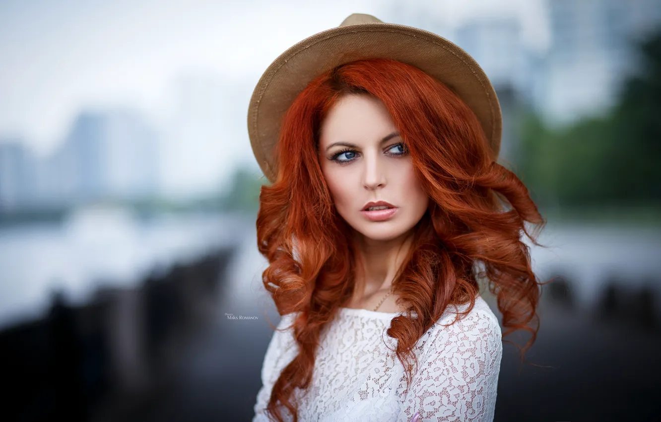 Photo wallpaper background, model, portrait, hat, makeup, hairstyle, beauty, redhead