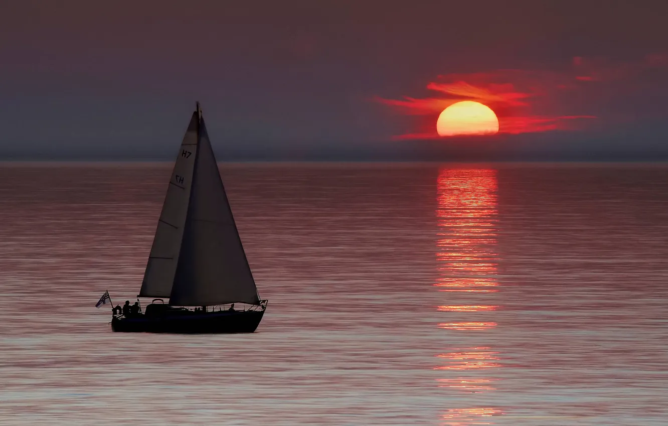 Photo wallpaper sea, the sun, sunset, the way, movement, the evening, yacht, silhouette