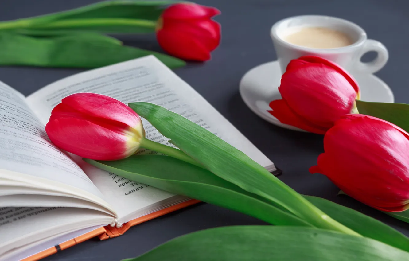 Photo wallpaper flowers, mood, coffee, tulips, book, reading
