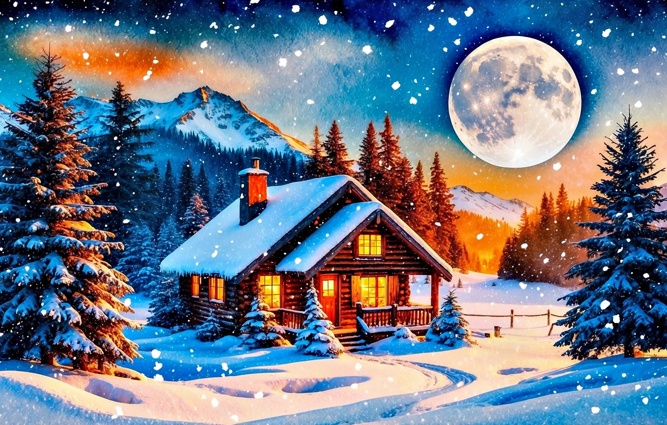 Photo wallpaper snow, the moon, new year, ate, Christmas, house, AI art