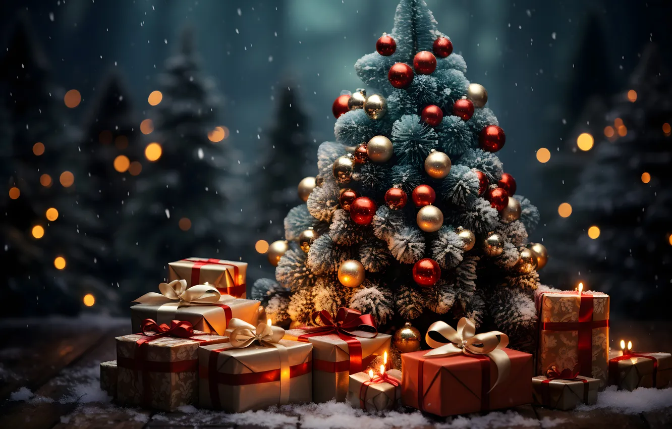 Photo wallpaper balls, tree, Christmas, balls, tree, decoration, gift box, New Year