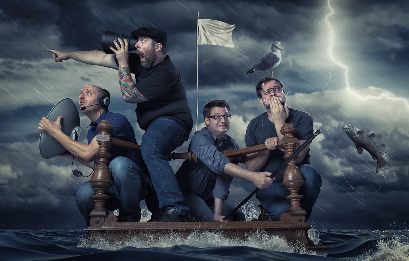 Photo wallpaper storm, men, the raft