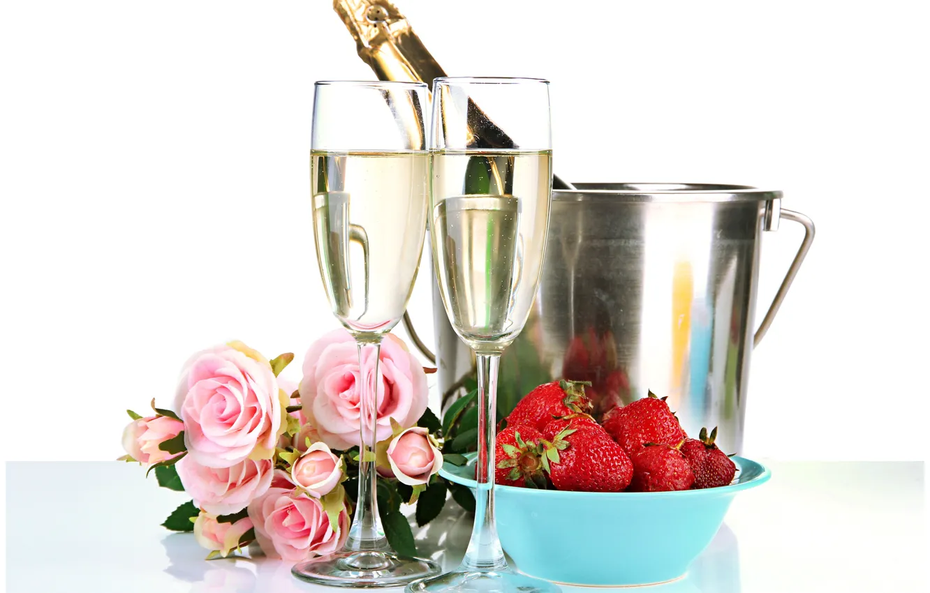 Photo wallpaper flowers, table, bottle, roses, bouquet, glasses, strawberry, berry
