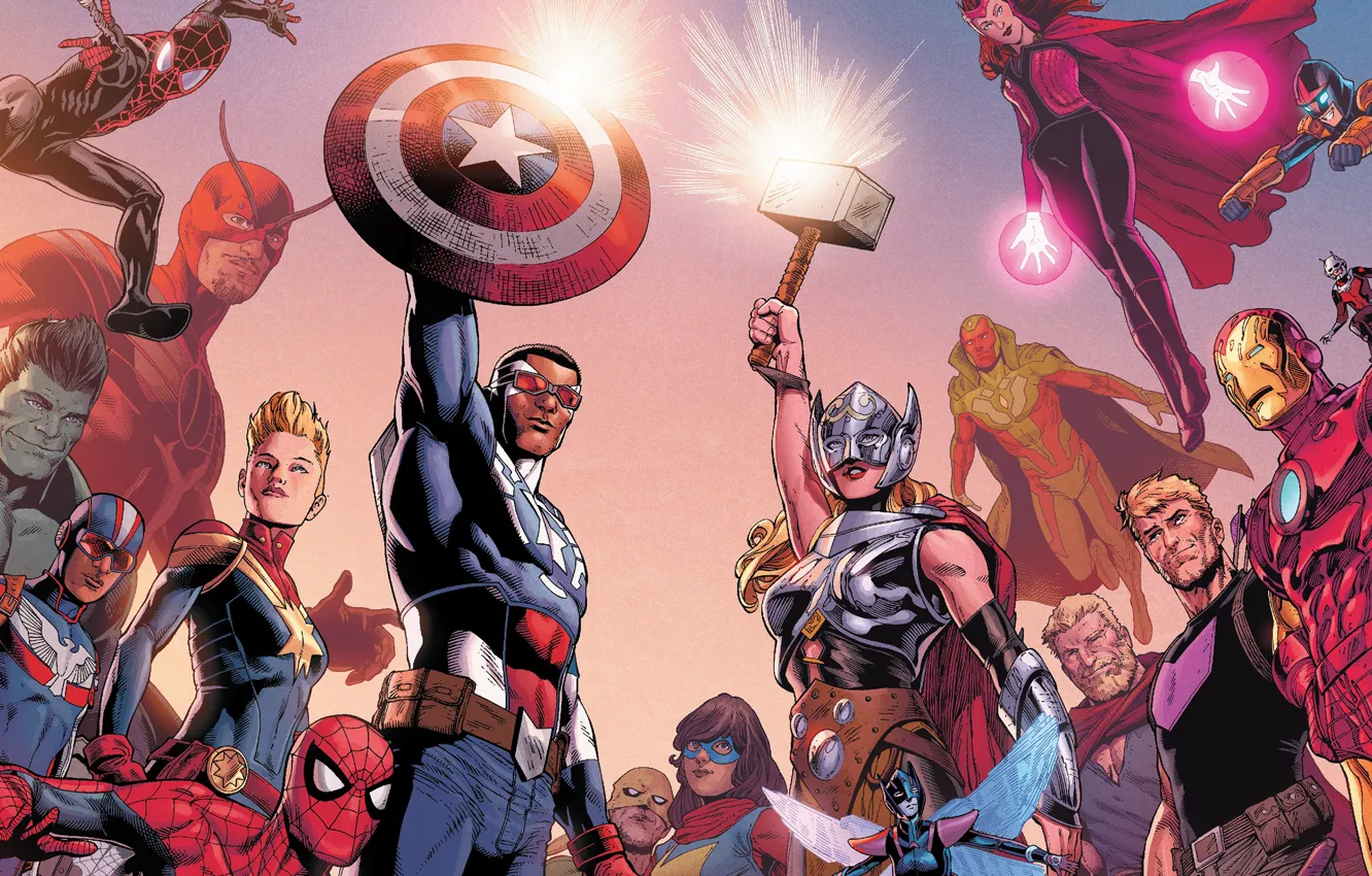 Photo wallpaper fantasy, Superheroes, Hulk, Iron Man, Marvel, Captain America, Comics, The Avengers