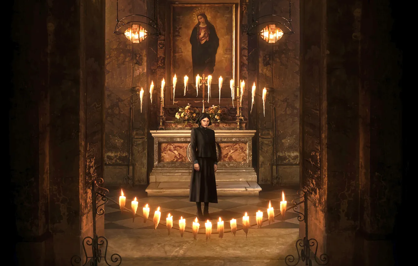 Photo wallpaper girl, candles, nuns, 2024, The First Omen