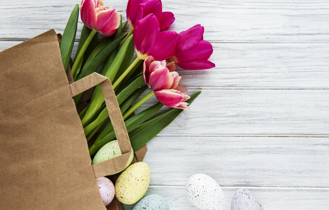 Photo wallpaper flowers, eggs, spring, colorful, Easter, tulips, happy, wood