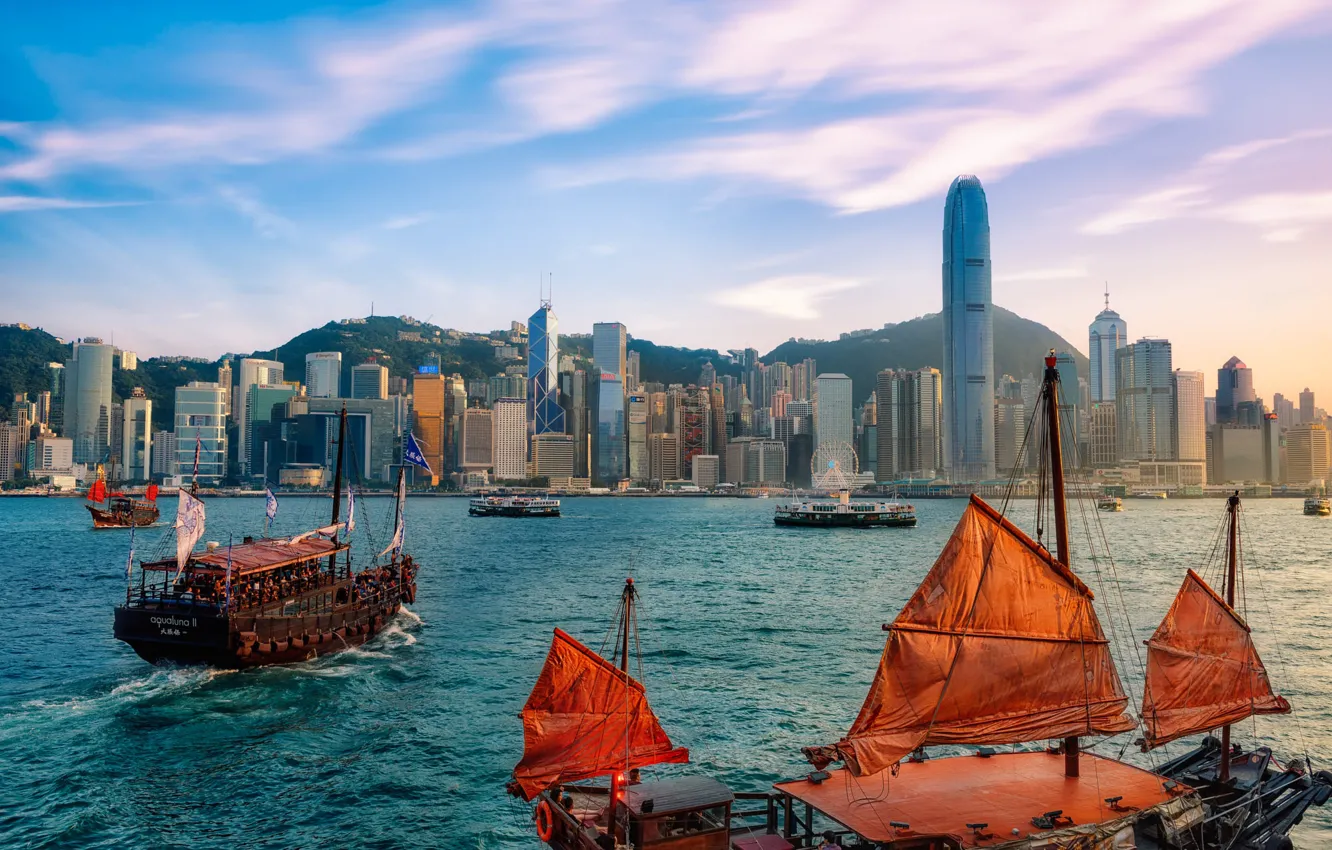 Photo wallpaper mountains, the city, building, home, ships, Hong Kong, Hong Kong, Victoria Harbour