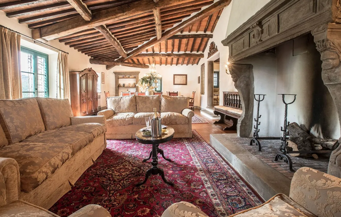 Photo wallpaper design, style, interior, Italy, fireplace, living room, dining room, Tuscany