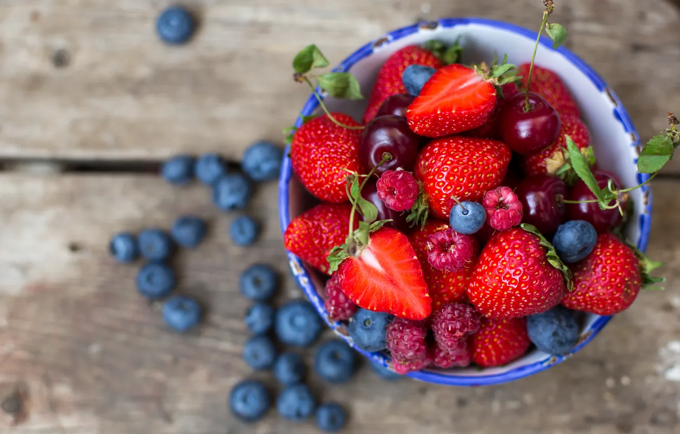 Photo wallpaper berries, raspberry, blueberries, strawberry, plate, cherry, blueberries