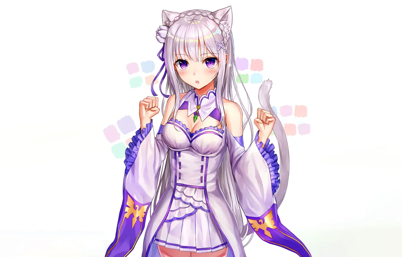 Photo wallpaper girl, sexy, cleavage, blouse, long hair, boobs, animal ears, anime