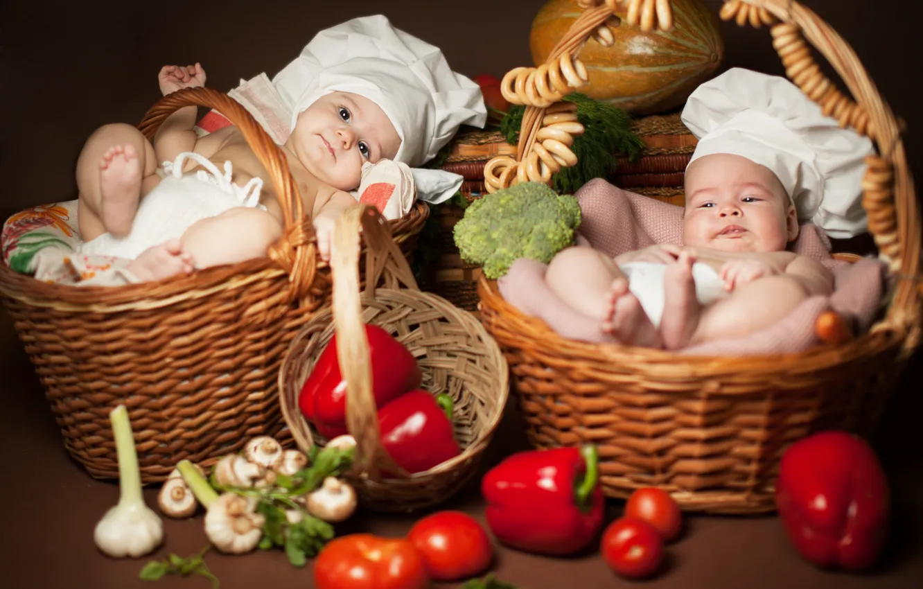 Photo wallpaper children, kids, two, vegetables, lie, bagels, basket, cooks