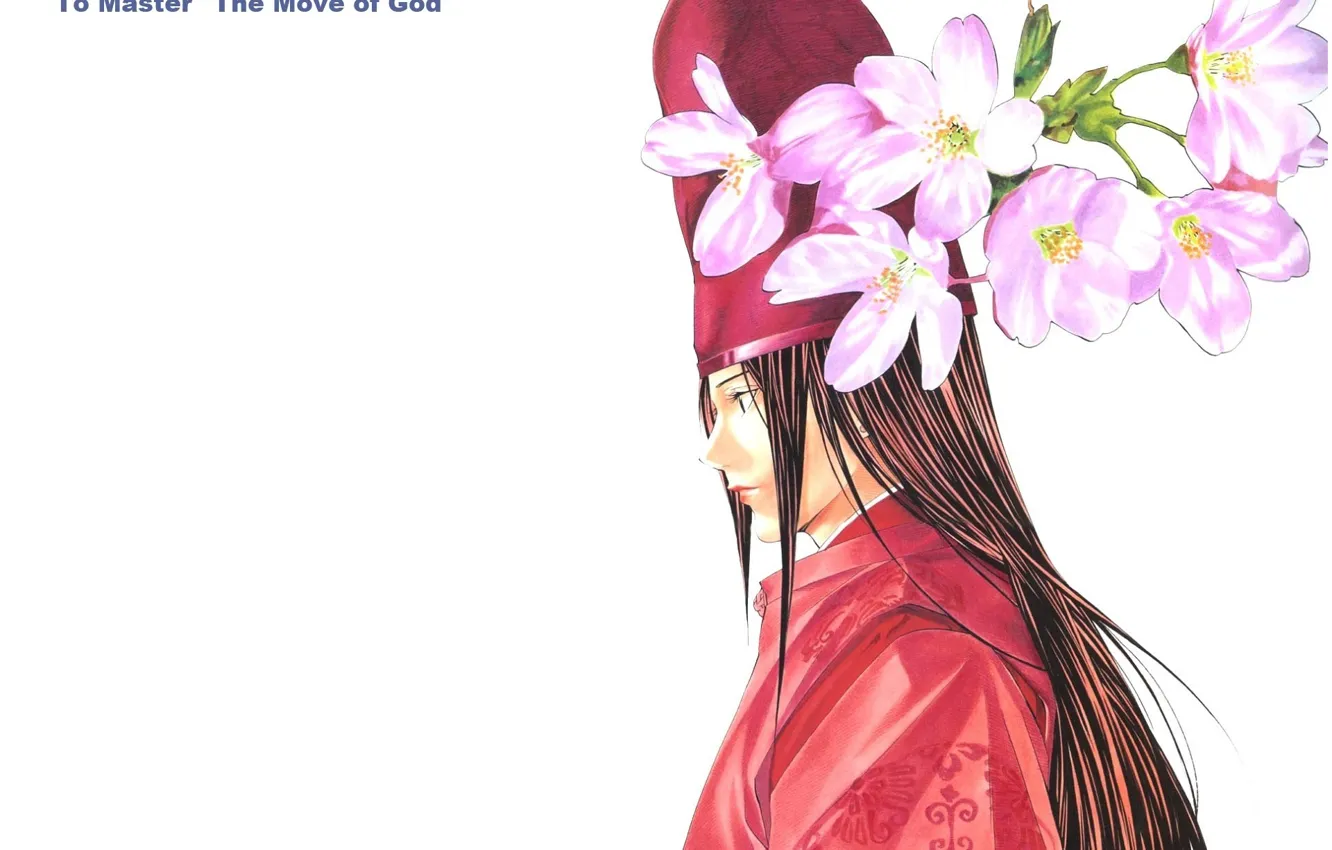 Photo wallpaper hat, Sakura, white background, profile, guy, long hair, hikaru no go, fujiwara no sai