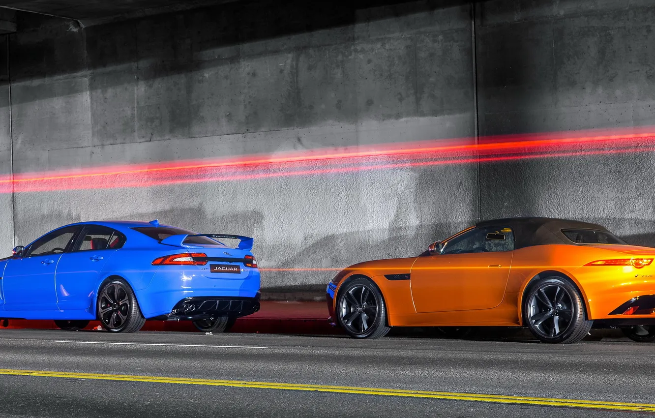Photo wallpaper Roadster, sedan, blue, supercars, orange, Jaguars