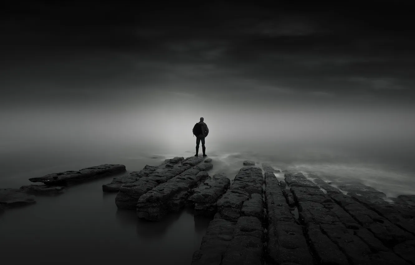 Photo wallpaper sea, the sky, clouds, darkness, stones, male