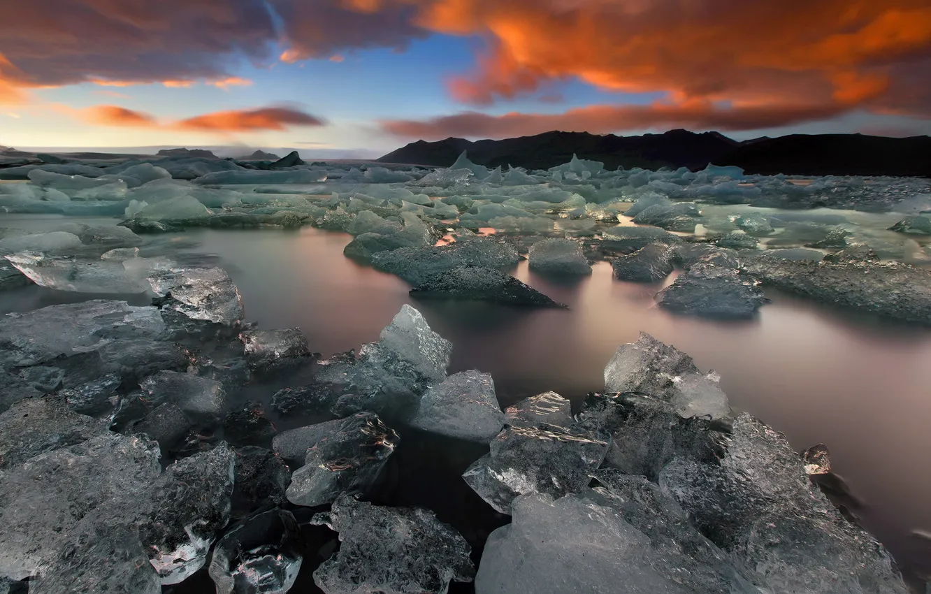 Photo wallpaper ice, winter, sunset, lake