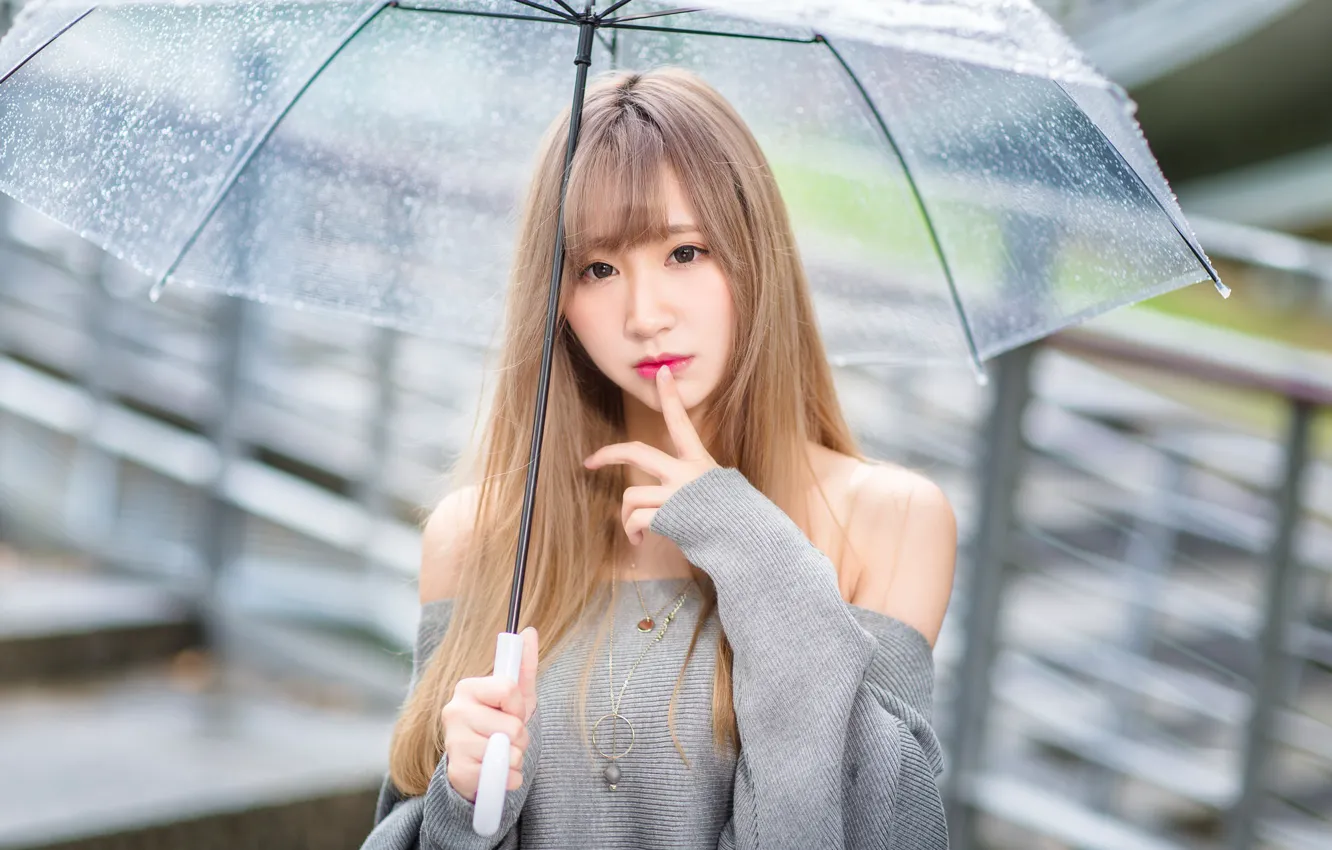 Photo wallpaper girl, umbrella, rain, hair, Asian