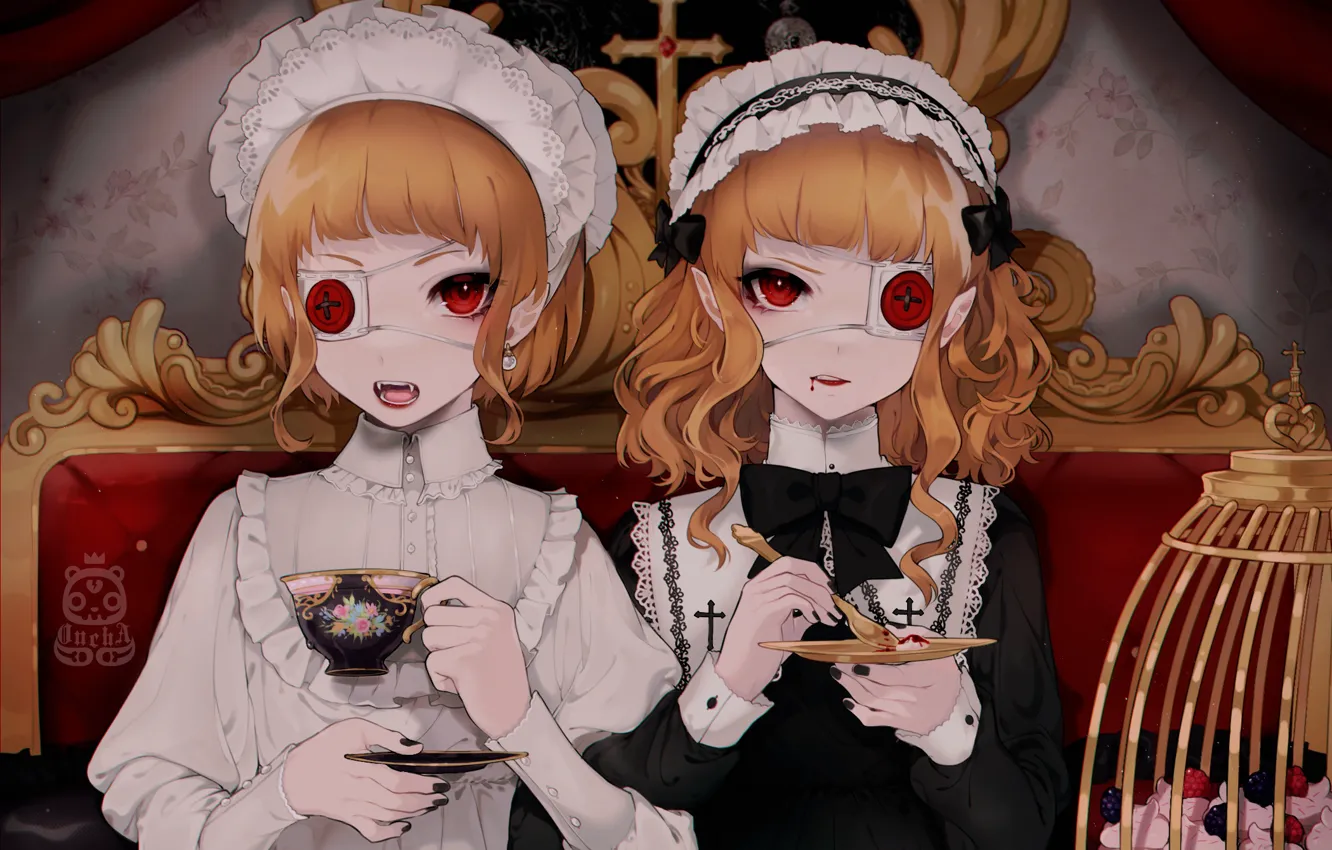 Photo wallpaper girl, blood, the tea party, sweets, headband, vampire