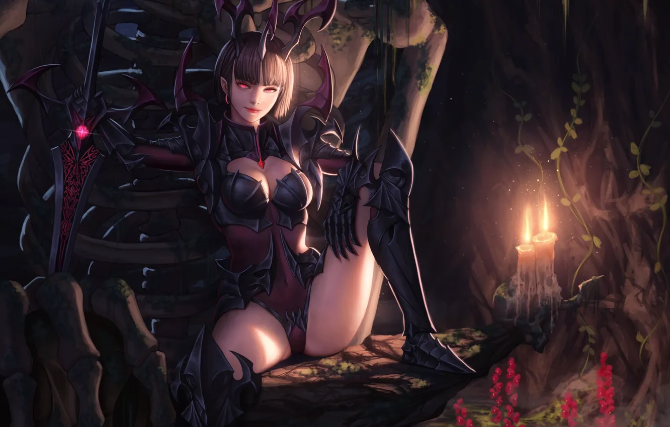 Photo wallpaper girl, light, style, fiction, figure, sword, armor, candles