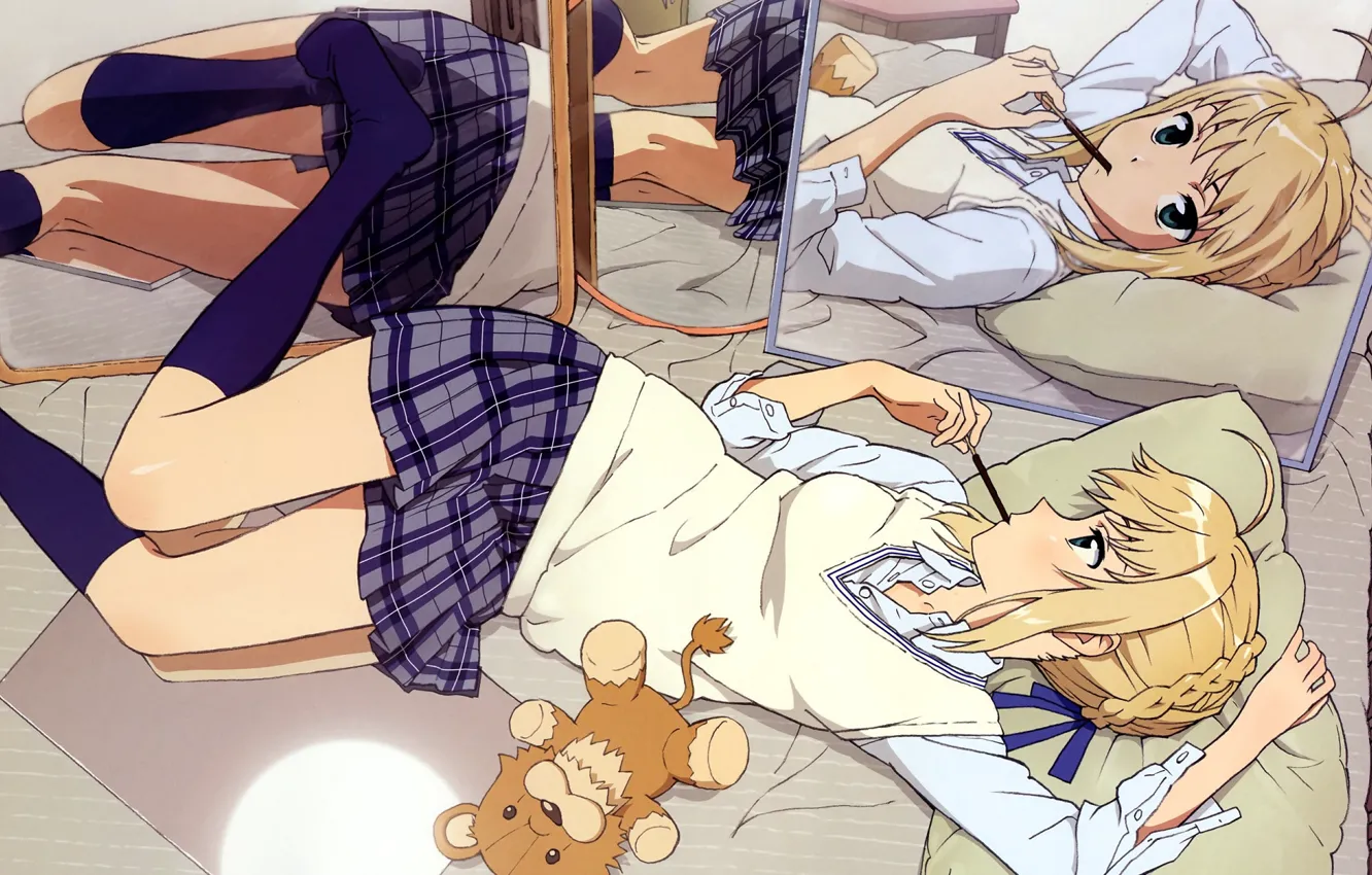 Photo wallpaper girl, mirror, bear, the saber, Fate stay night, Fate / Stay Night