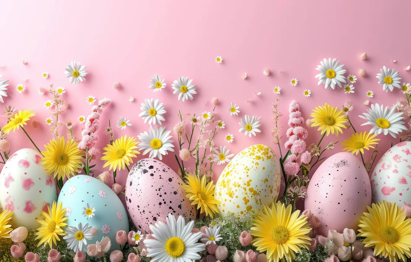 Photo wallpaper flowers, holiday, eggs, spring, Easter, painted, eggs, Easter