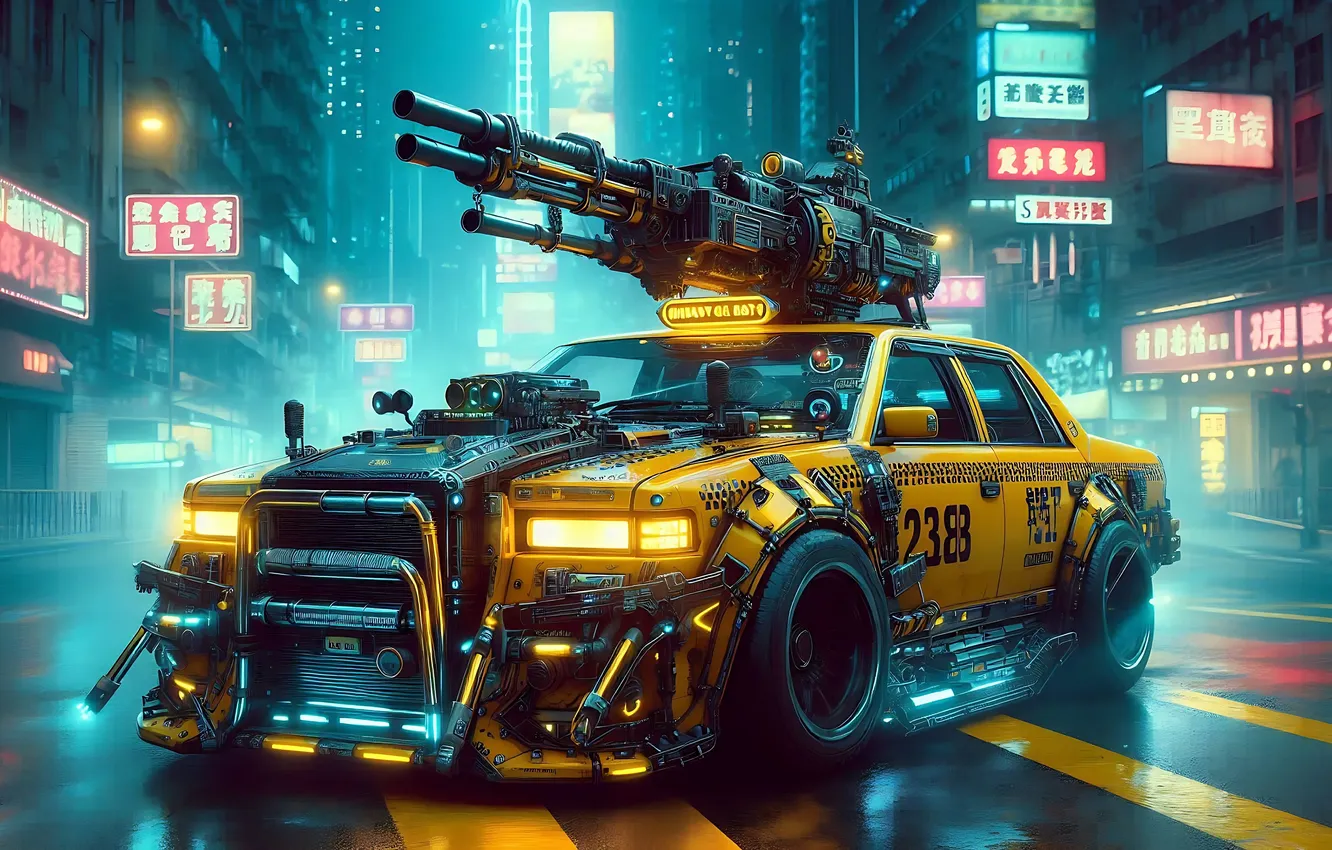 Photo wallpaper road, machine, light, night, yellow, the city, lights, fog