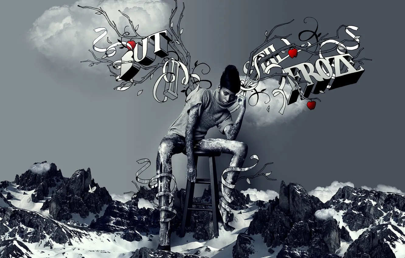 Photo wallpaper girl, mountains, collage, chair