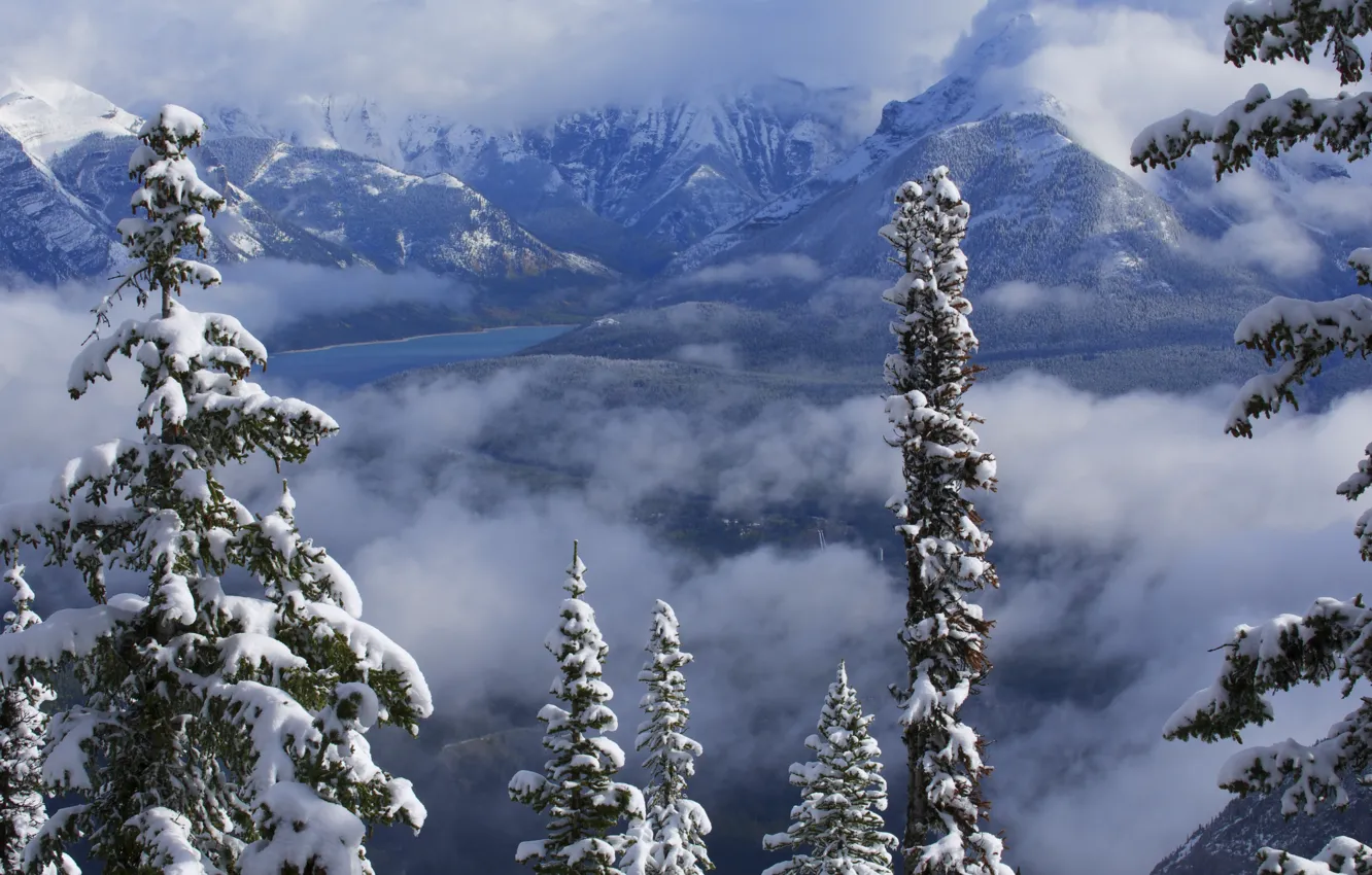 Photo wallpaper winter, clouds, snow, trees, mountains, lake, Canada, Albert