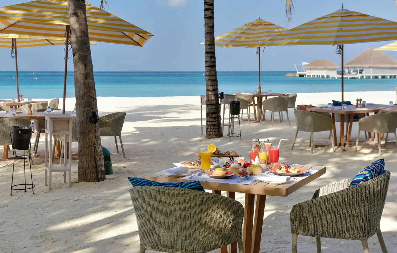 Photo wallpaper beach, palm trees, the ocean, The Maldives, resort, tables, restaurant on the beach