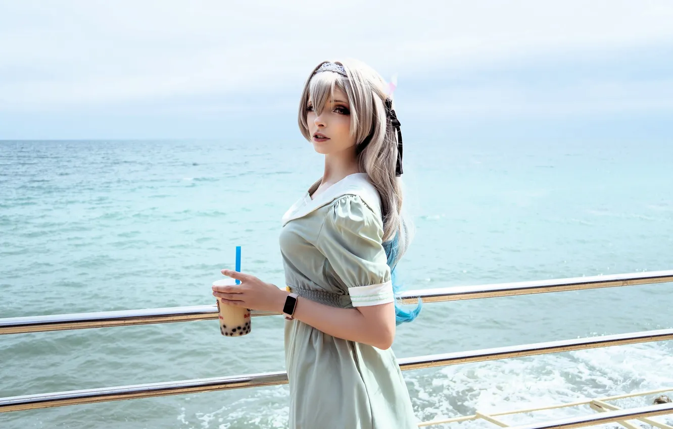 Photo wallpaper sea, glass, fence, dress, outfit, image, promenade, cosplay