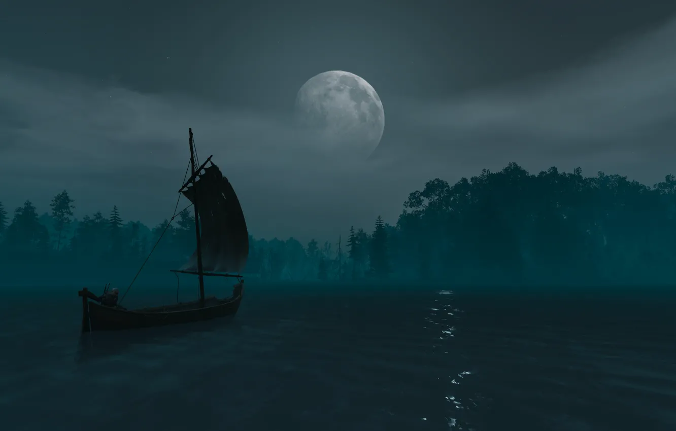 Photo wallpaper water, night, river, the moon, boat, Sword, Warrior, Armor