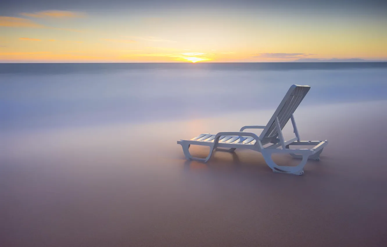 Photo wallpaper beach, water, the ocean, morning, excerpt, sun loungers