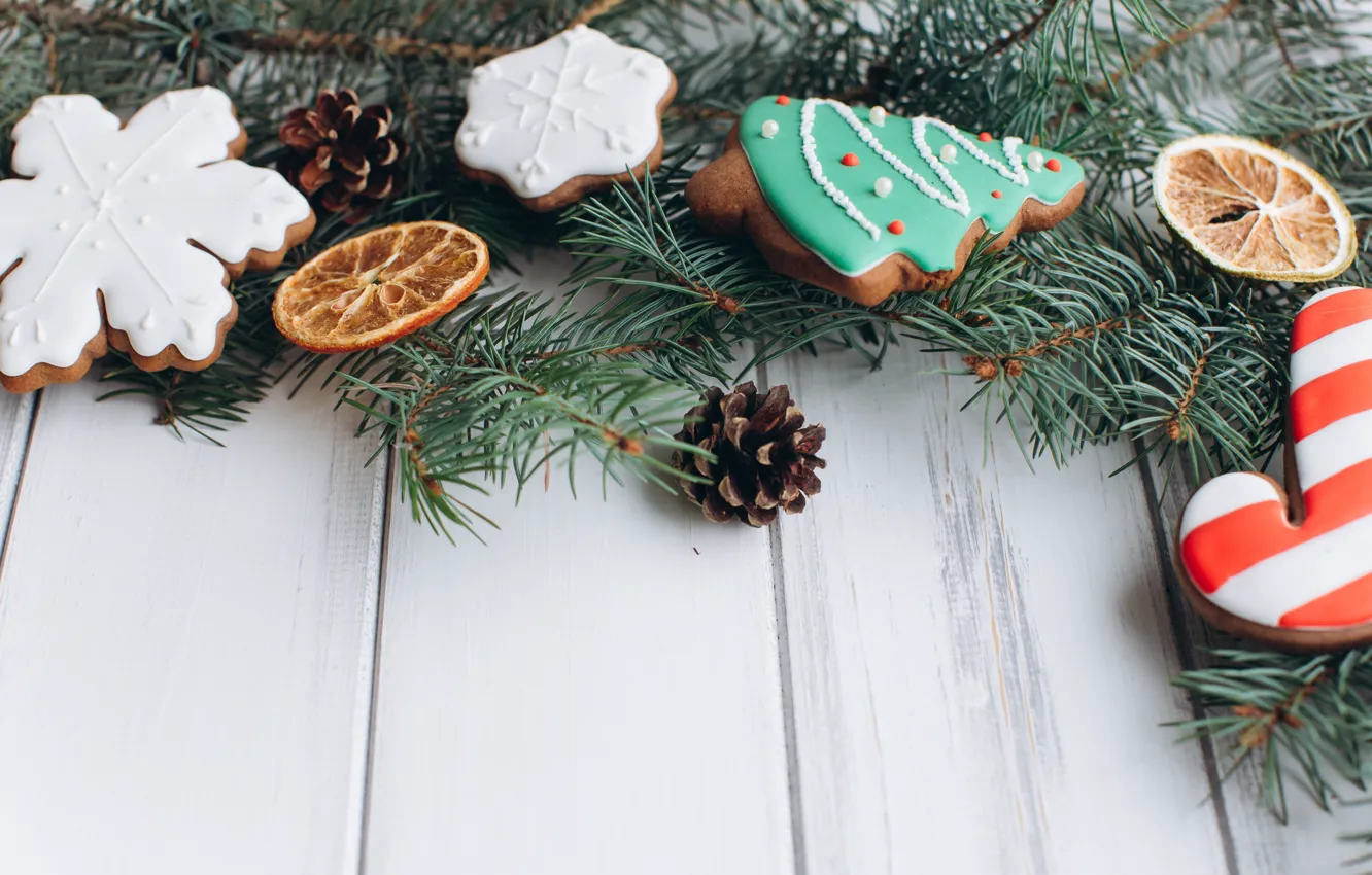 Photo wallpaper holiday, new year, cookies, citrus, treat, fir-tree branches