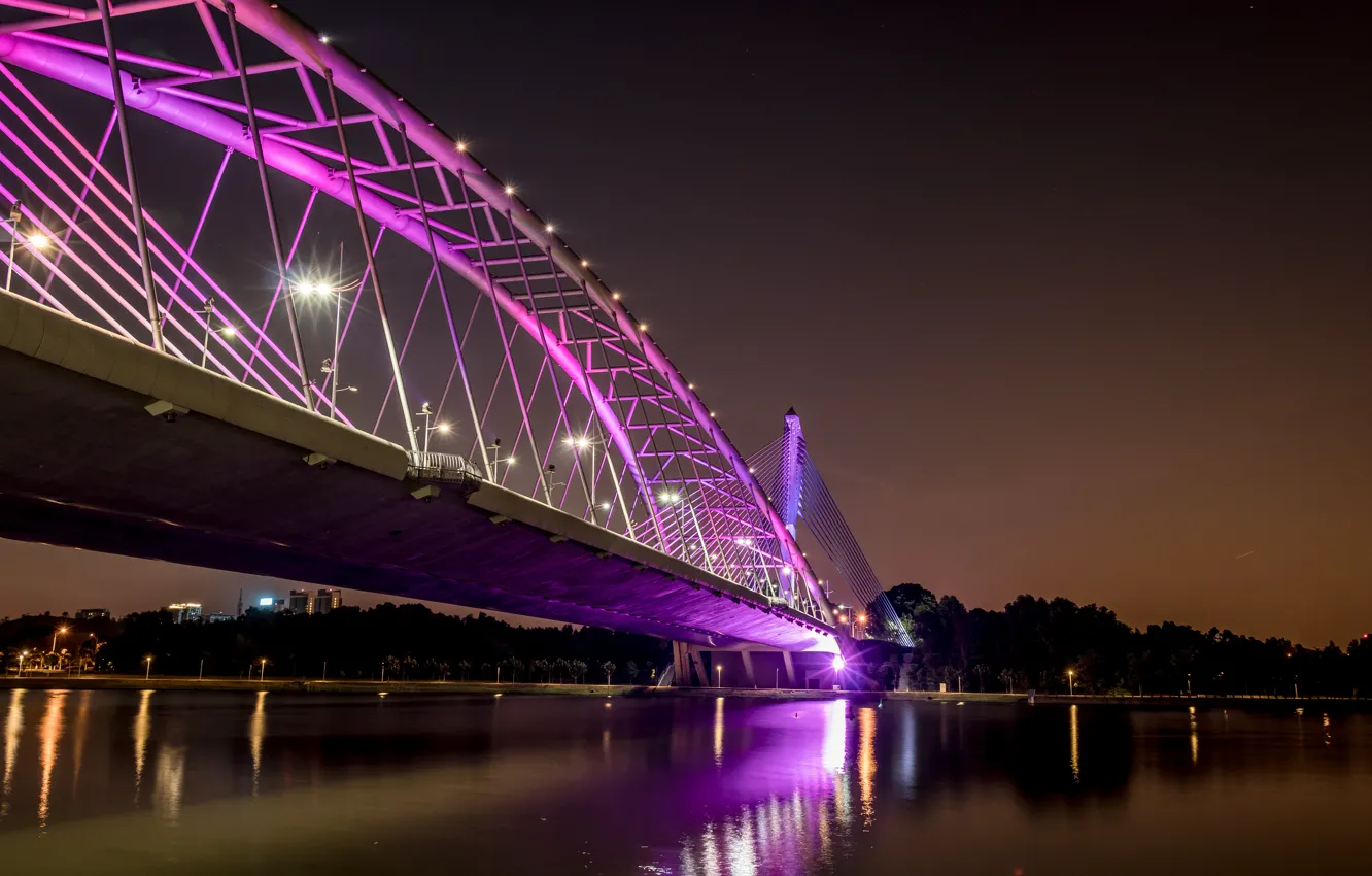 Photo wallpaper city, colorful, light, bridge, night, Malaysia, Putrajaya, wawasan