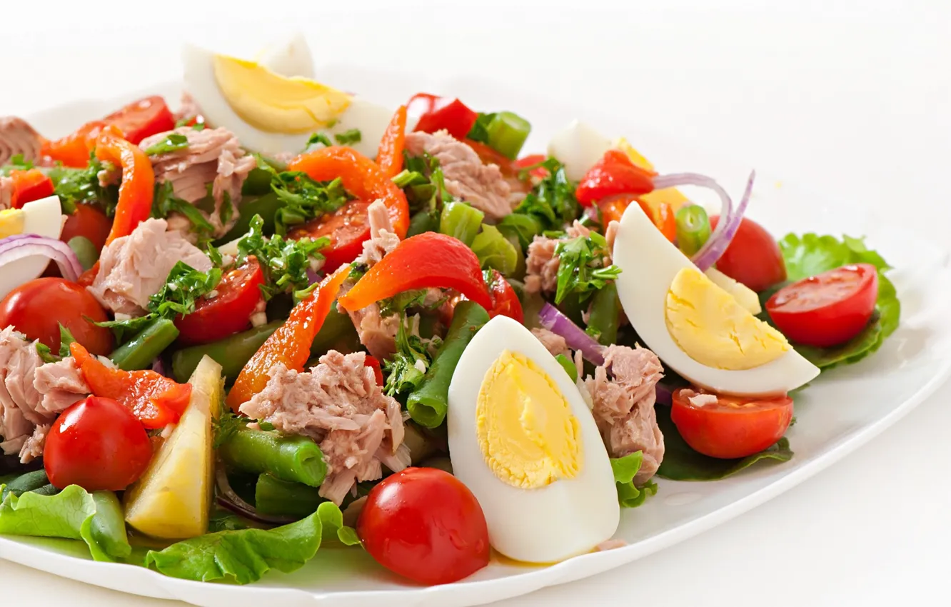 Photo wallpaper salad, tuna, vegetables, Nicoise, tomatoes, eggs