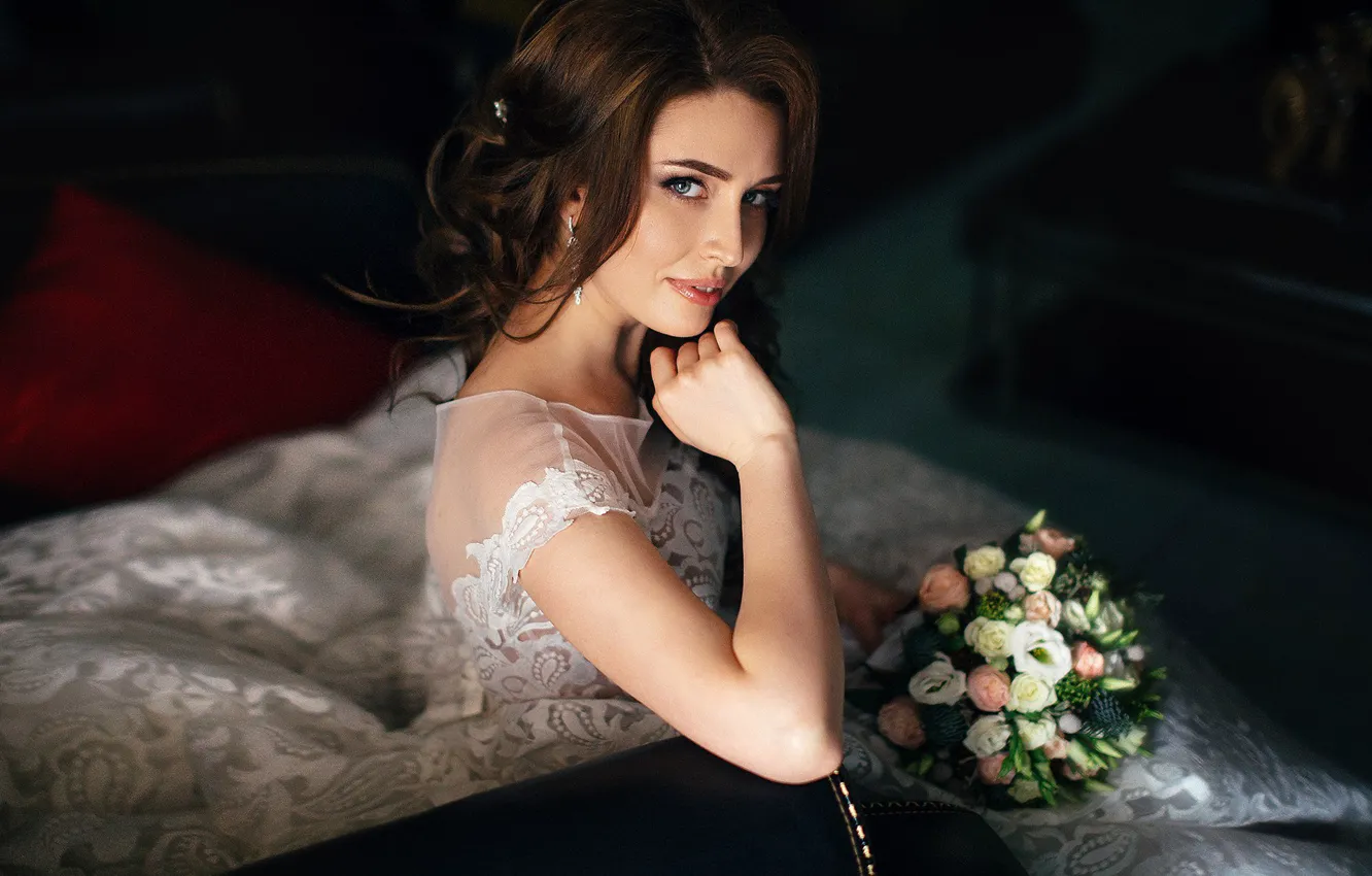 Photo wallpaper look, girl, flowers, pose, portrait, bouquet, dress, hairstyle