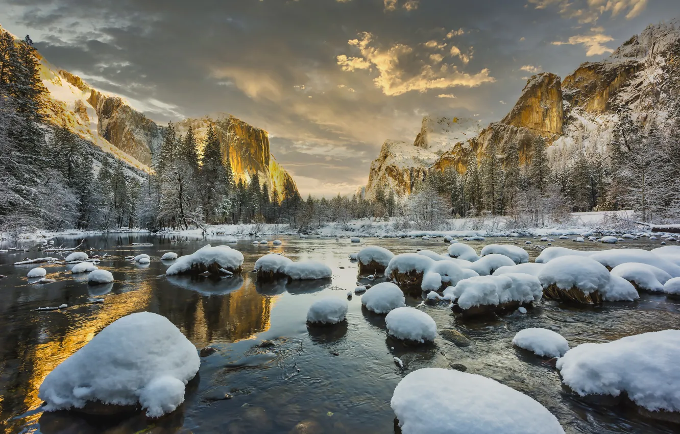Photo wallpaper snow, mountains, lake, stones, USA, Yosemite