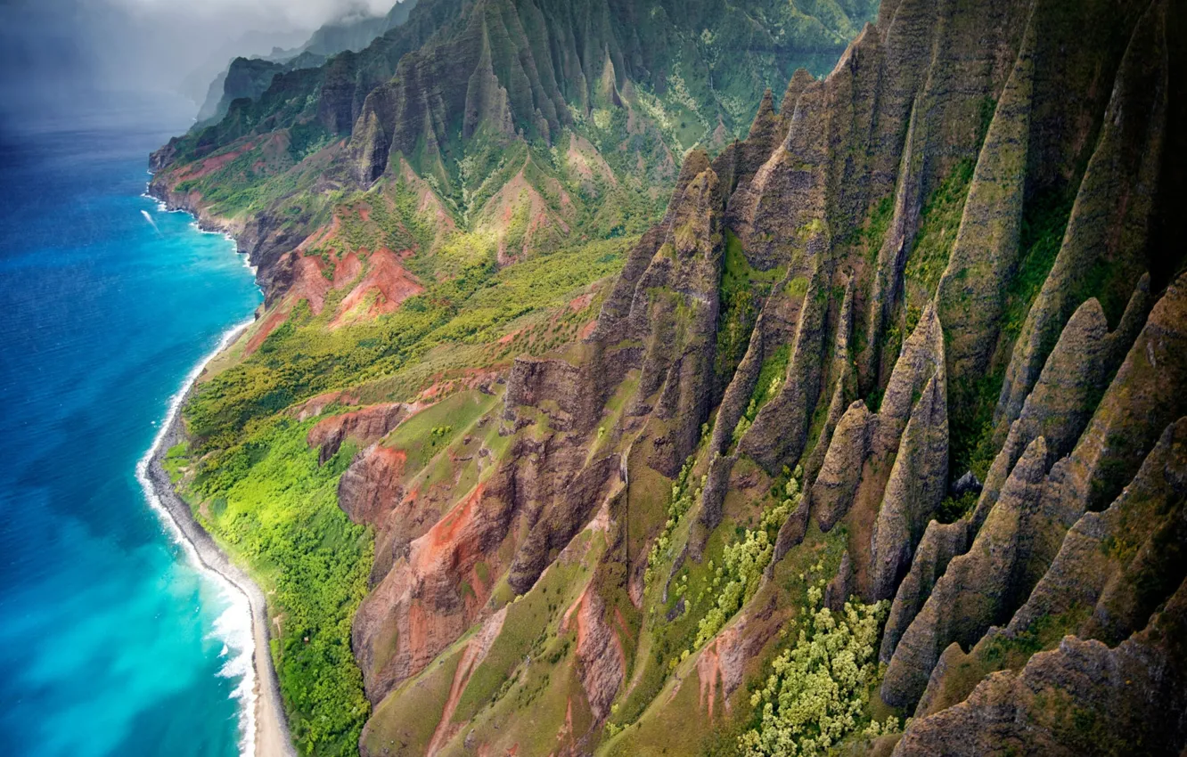 Photo wallpaper sea, mountains, the ocean, shore, Hawaii, USA, state, the island of Kauai